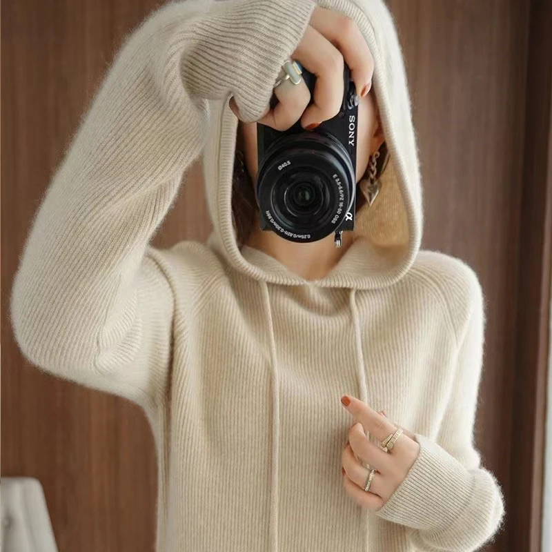 Pure Wool Women's Hooded Jumper2024 Autumn/Winter New Long Sleeve Solid Color Sweater Thickened Warm Women's Fashion Knitted Top