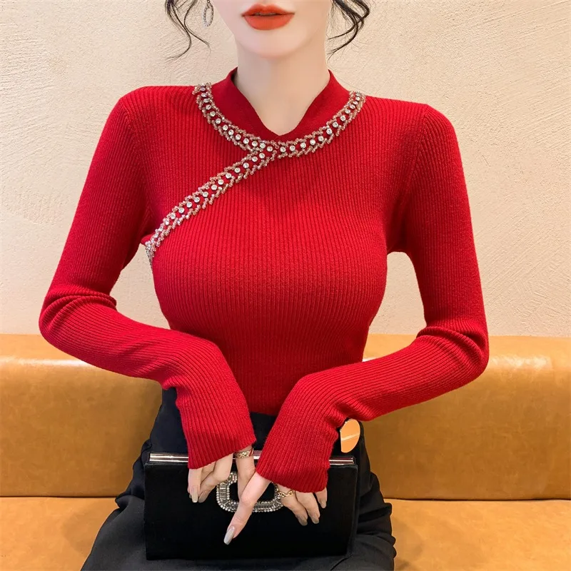 เสื้อสเวตเตอร์ไหมพรมผู้หญิง แขนยาว ดีไซน์แฟชั่น สำหรับฤดูหนาว ใส่เป็นเสื้อตัวใน  ตกแต่งเล็บเพชร  ทรงเข้ารูป ให้ความอบอุ่น