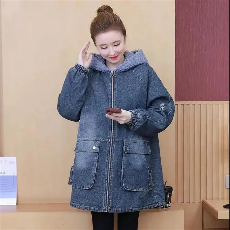 Women Denim Winter Coat Casual Loose Hooded Thicken Loose Denim Jackets Warm Long Padded Cotton Parkas Jacket Female W1074