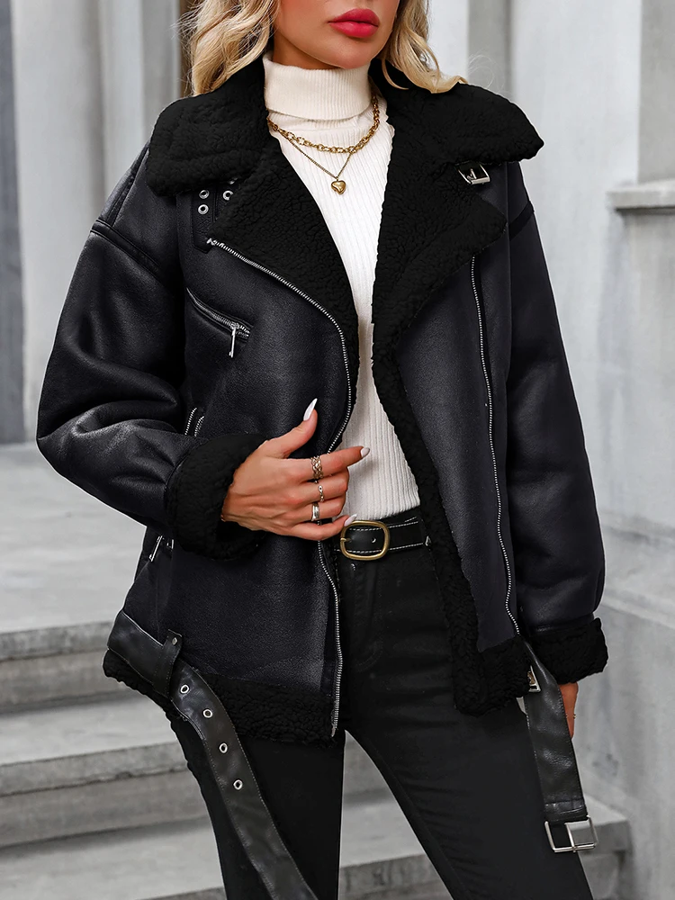 Ailegogo Neue Frauen Vintage Lose Warme Faux Lamm Pelz Jacke Herbst Winter Weibliche Moto Biker Gürtel Zipper Mantel Outwear