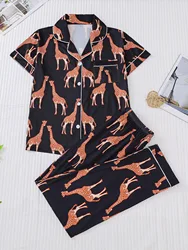 Giraffe collar short and long women's printed pajamas set short sleeved top and loose pants comfortable women's pajamas