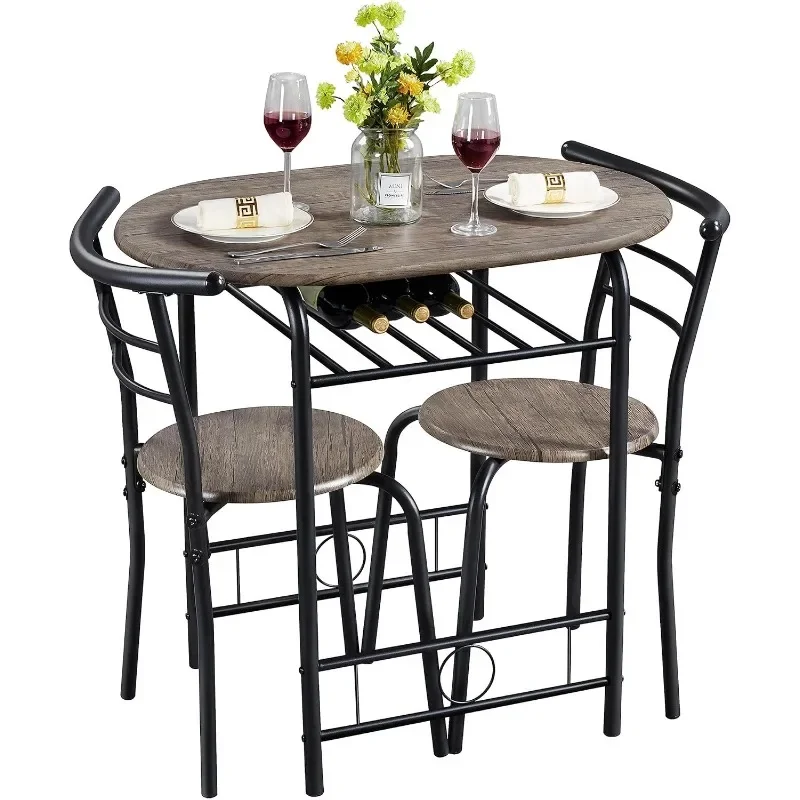 3Piece Kitchen Table&Chair Sets for 2,Compact Bistro Table Set with Steel Legs,Built-in Wine Rack for Small Space,Breakfast Nook