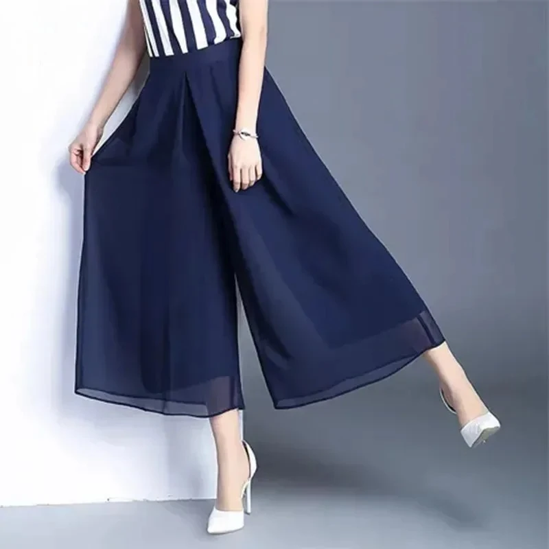 Pantalones Culotte finos hasta el tobillo de gasa para verano, Pantalones holgados a la moda para mujer, Pantalones informales de pierna ancha con cintura alta elástica de Corea