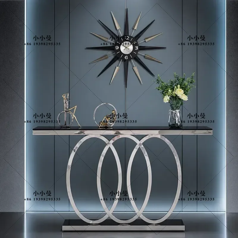 Modern Light Luxury Console Table with Tempered Glass Top and Stainless Steel Frame for Living Room Hotel Corridor Entrance
