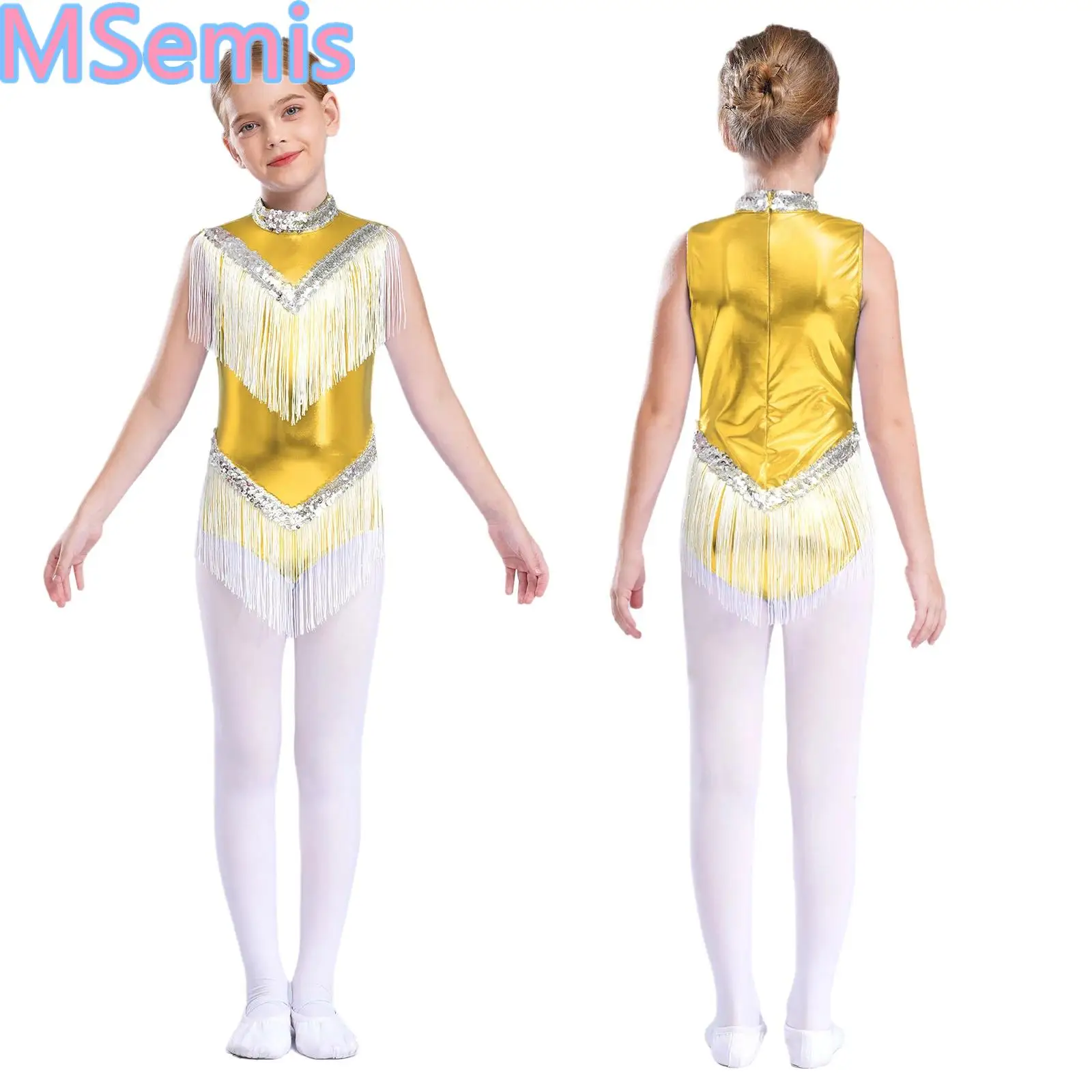 

Kids Girls Metallic Tassel Latin Leotard Sleeveless Fringe Bodysuit Mock Neck Shiny Sequins Leotard for Dance Performance