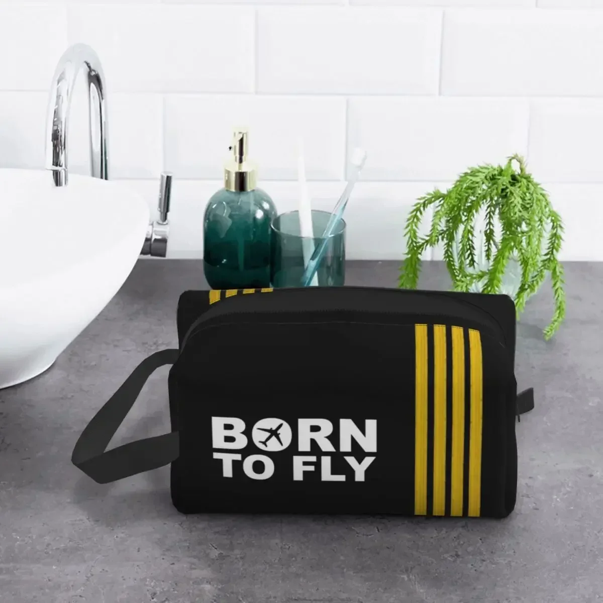 

Born To Fly Captain Stripes Flight Pilot Toiletry Bag Aviation Aviator Airplane Makeup Cosmetic Ladies Storage Dopp Kit Case