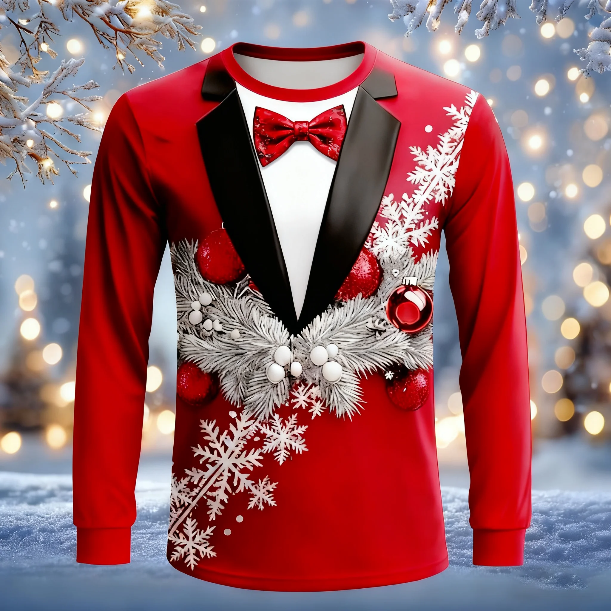 

Christmas Fake suit Pattern 3D printed men's long sleeves T-shirt Happy New Year oversized T-shirt fun holiday gift Men clothes