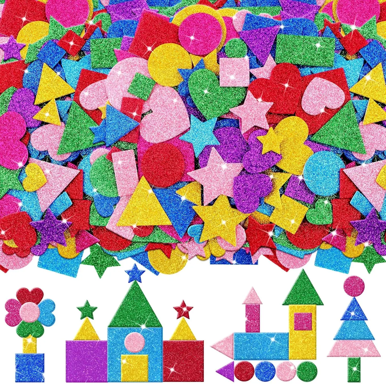 1024PCS Foam Stickers Geometric Heart Star Circle Triangle Stickers DIY Home Decorative Decals Assorted Shapes Pack