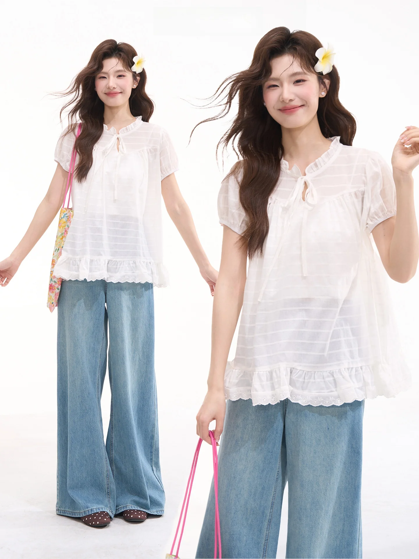 

Heme Early Spring Floral Trim Belted Stripe Short Sleeve Women's Summer Doll Shirt Casual Loose Fit Cotton Bubble Sleeve