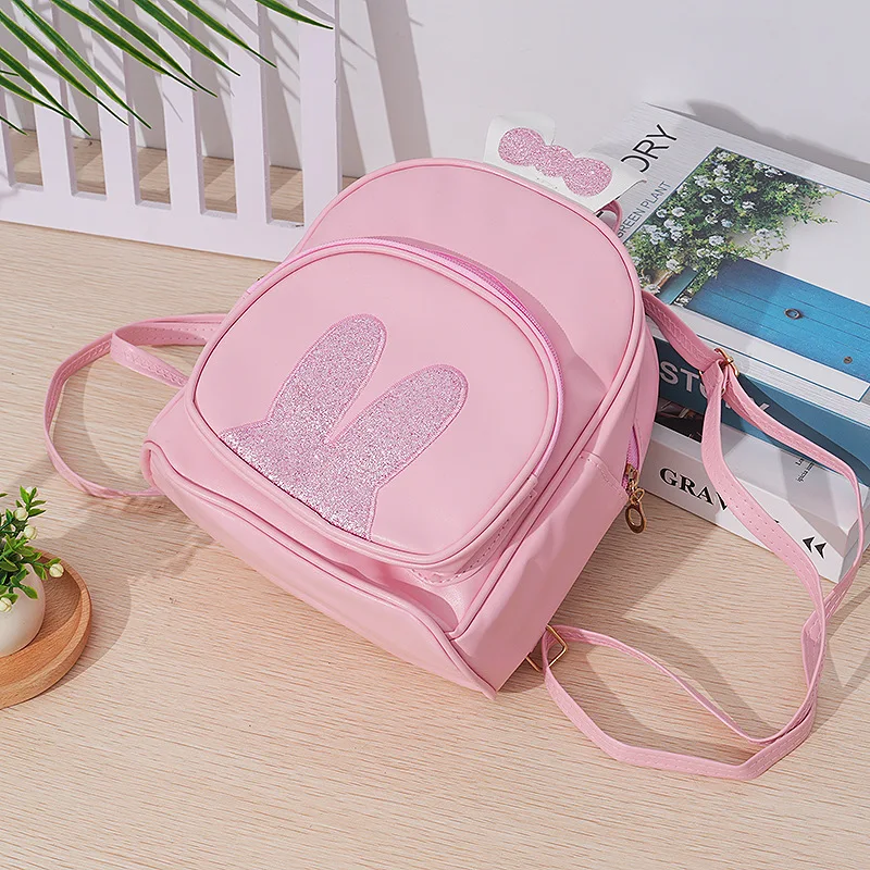 PU Leather Cartoon Rabbit School Backpack para meninas, Cute Korean Zipper Shoulder Bags para crianças, Presentes de aniversário