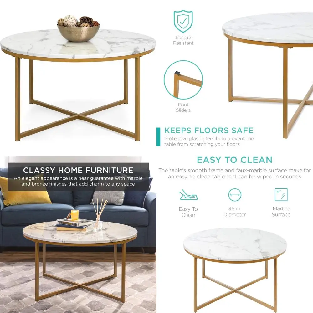 

36-inch Faux Marble Accent Table, Modern Coffee Table for Home Living and Dining Rooms