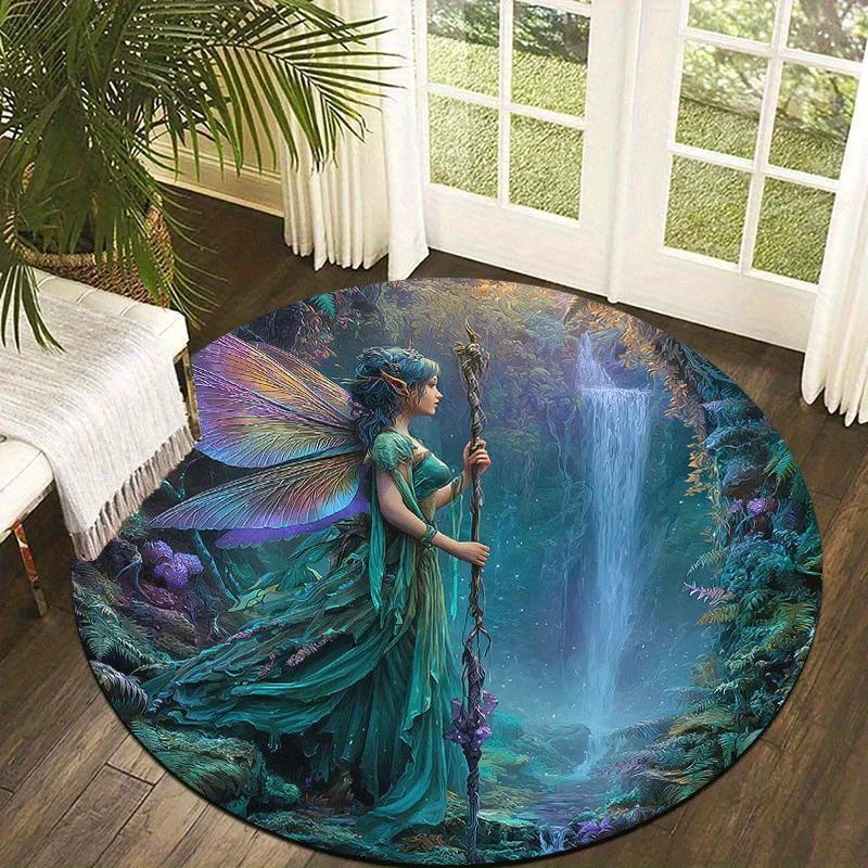 Fantasy forest elves Flannel-printed round floor mats are slip-resistant Suitable for living room bedroom terrace garden carpets