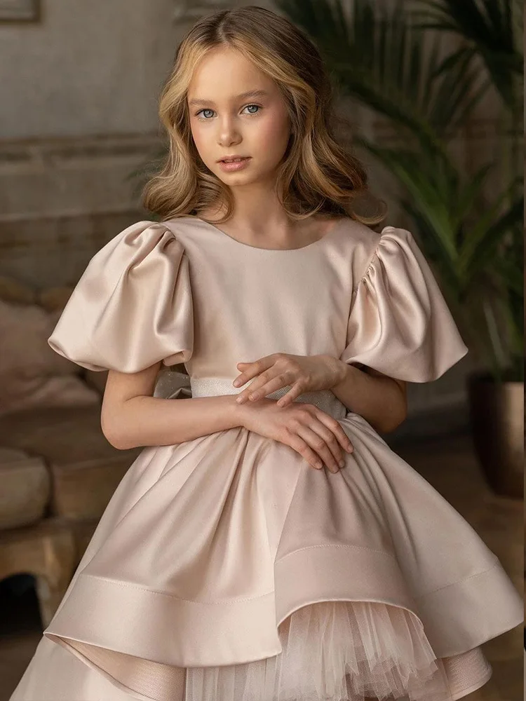 Satin Flower Girl Dress For Wedding Tulle Puffy O-neck With Bow Short Sleeves Birthday Party Ball Princess First Communion Gown