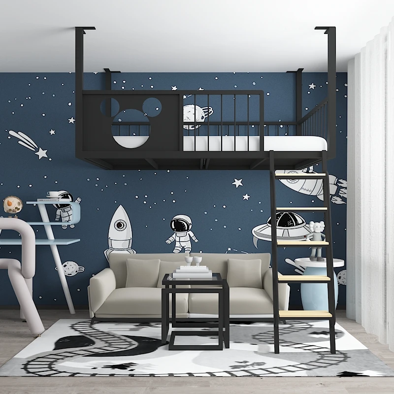 Provincial space loft bed, modern iron art elevated bed, upper and lower floors, simple and small unit hanging wall bed frame