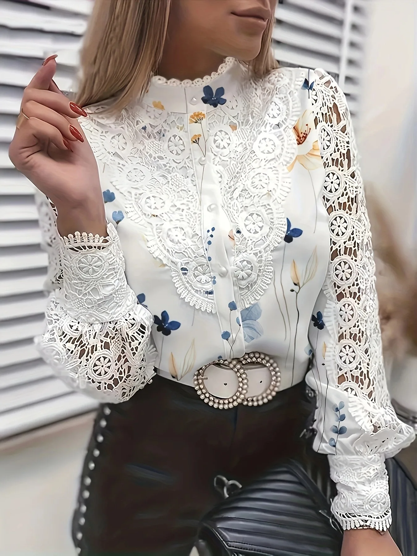 Moda Top z długim rękawem Femme White Laec Patchwork Shirt Women 2024 Spring Autumn Casual Office Ladies Blouses And Tops Womens