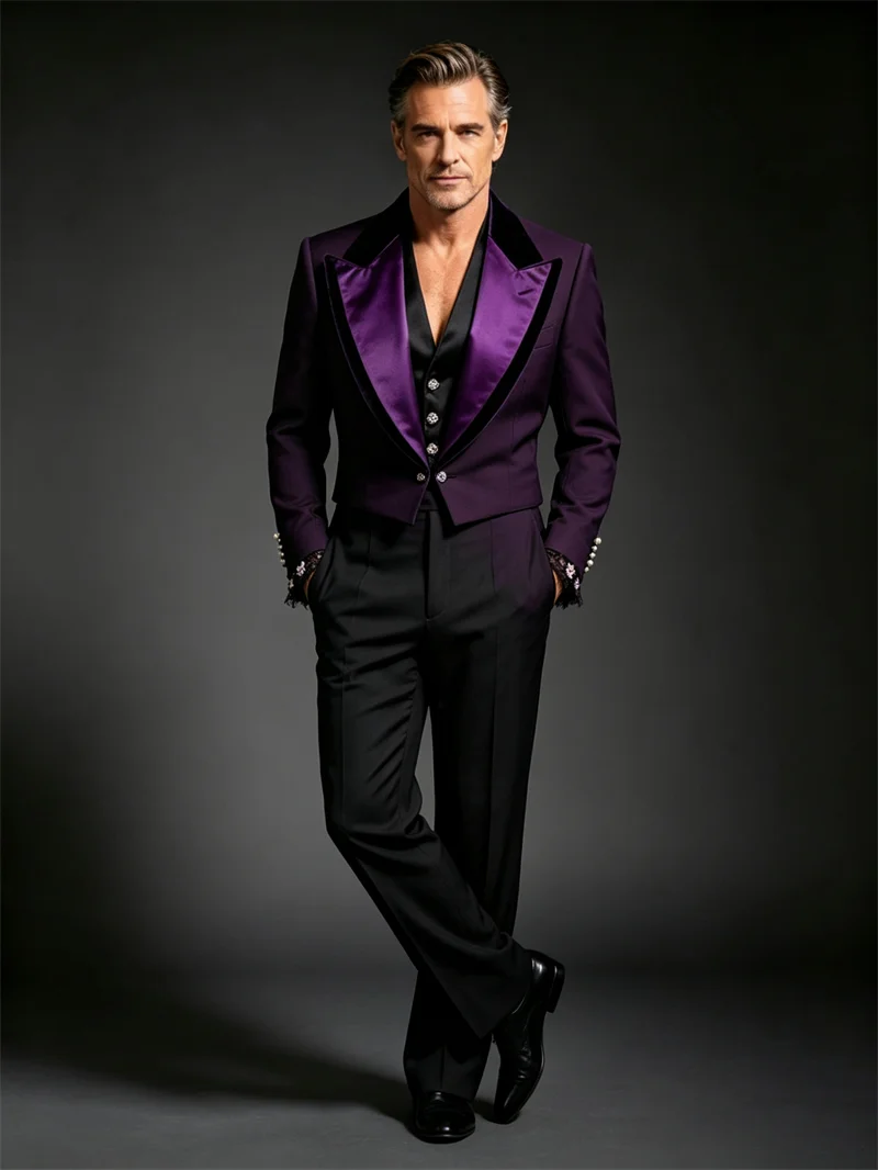 Purple Men Suit Set 2 Piece Blazer+Black Pant Trousers Cotton Customized Formal Office Jacket Groom Wedding Tuxedo Coat