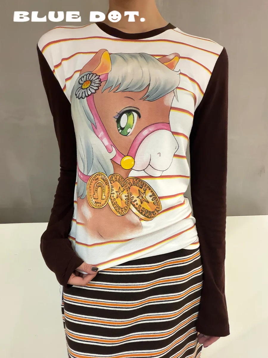 

Футболка Bluedot Cheeri Upi Slim Fit с длинным рукавом, с мультяшным принтом, базовый слой, повседневная, с круглым вырезом, из другой ткани, женская