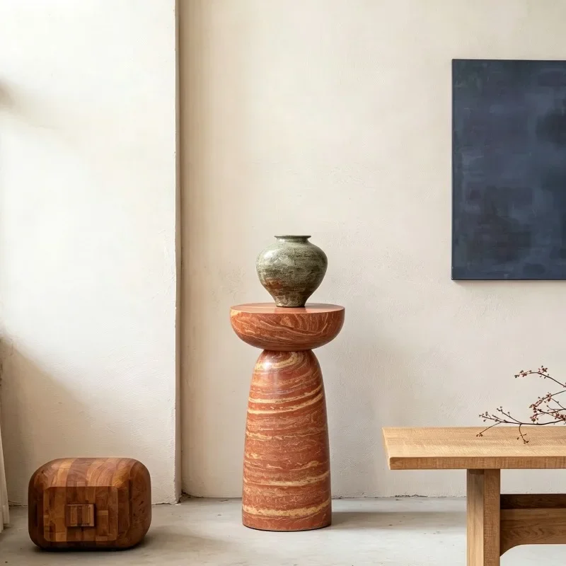 imitation Red Travertine Pedestal Display Stand Hourglass Shape Stone Side Table Living Room Corner Accent Furniture