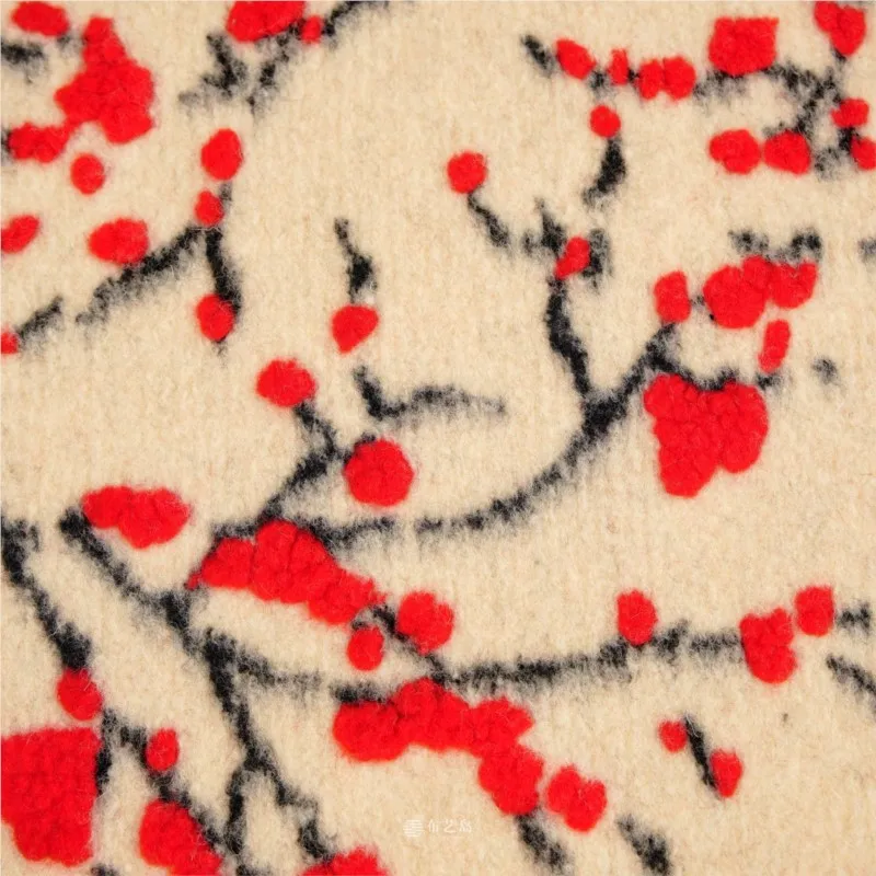 Warm and thick beige base with red plum blossom dots wool knitted fabric for windbreaker overcoat clothing design
