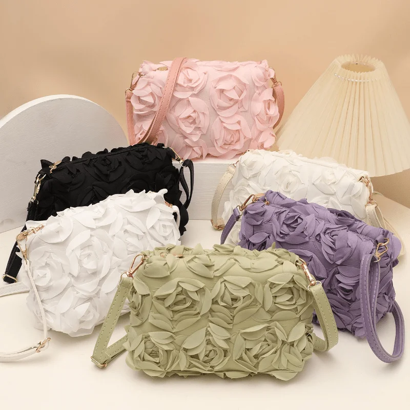 3D Rose Floral Crossbody Bag Faux Leather Zipper Closure Adjustable Strap Cylinder Shape Wedding Party Evening Purse