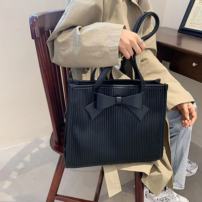 Large Capacity Bag Women New Fashionable Bow Single Shoulder Bags Student Solid Color Commuting Pu Tote Bag Ladies Shop Handbags