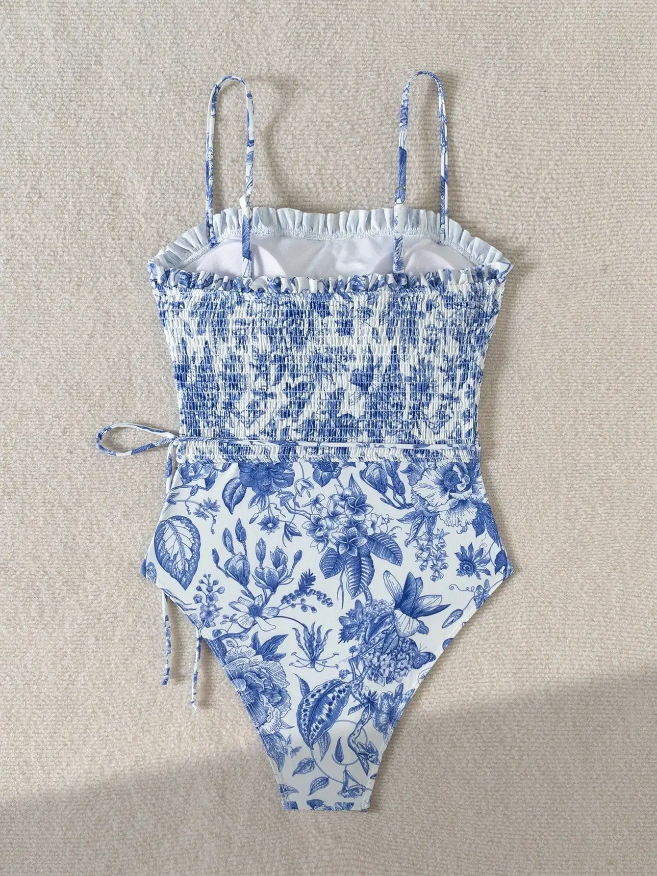 Blue And White Floral Smocked One-Piece Swimsuit For Women Adjustable Straps Beach Vacation Swimwear