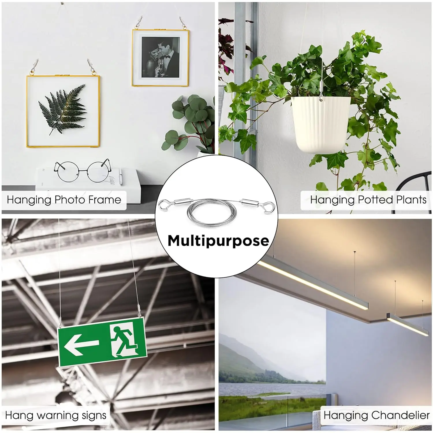 حبل سلكي من الفولاذ المقاوم للصدأ مع خطافات قابلة للتعديل، حبل من الفولاذ المقاوم للصدأ عالي التحمل بطول 6 أمتار × 1.5 مم لتعليق الصور، يحمل ما يصل إلى 40 رطلًا #5