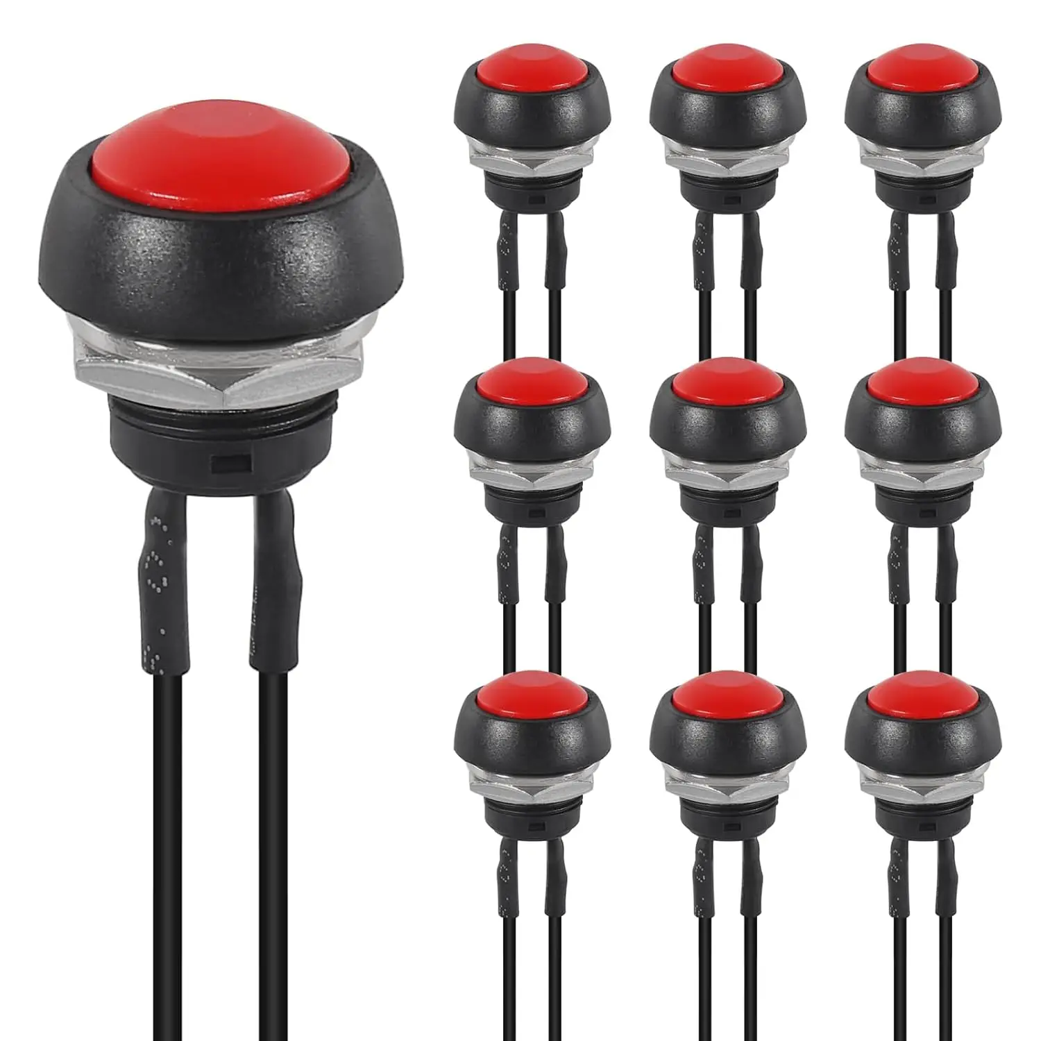 10 szt. 12mm chwilowy przełącznik wciskany 1/2 "otwór montażowy On Off Mini okrągły wodoodporny czarny z wstępnie lutowanymi przewodami-czerwony