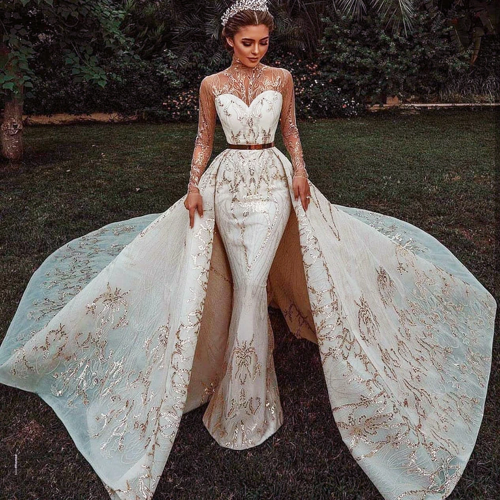 Saudi Arabic Sequins Wedding Dresses with Detachable Train Lace Sheer Long Sleeve Bridal Gowns Luxurious Vintage Robes De Mariée