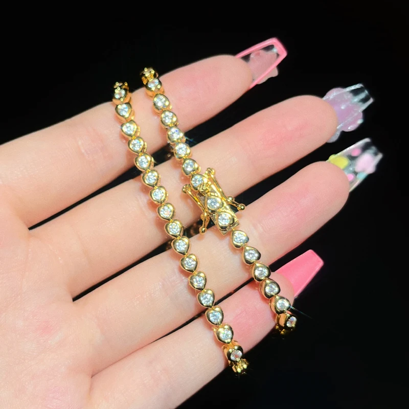 Gold Color Heart Shape 17cm Tennis Bracelet for Women Men Iced Out Round Paved Cubic Zircon Crystal Stones Bangle Jewelry Gift