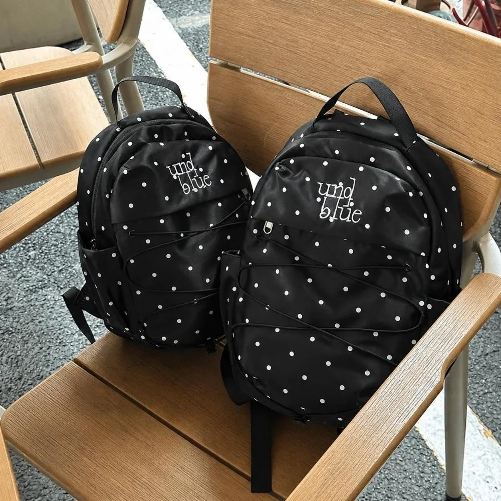 Nylon Material Polka Dot Backpack Lightweight Design Durable Construction Drawstring Rucksack Drawstring Closure Portable Size