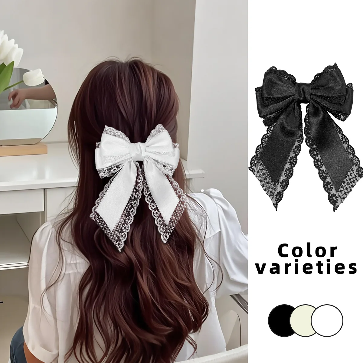 24pcs Korean Style Solid Color Ribbon Bow Hair Clips for Women And Girls Large Long Tassel Barrettes Lace Embroidered Hair Grips