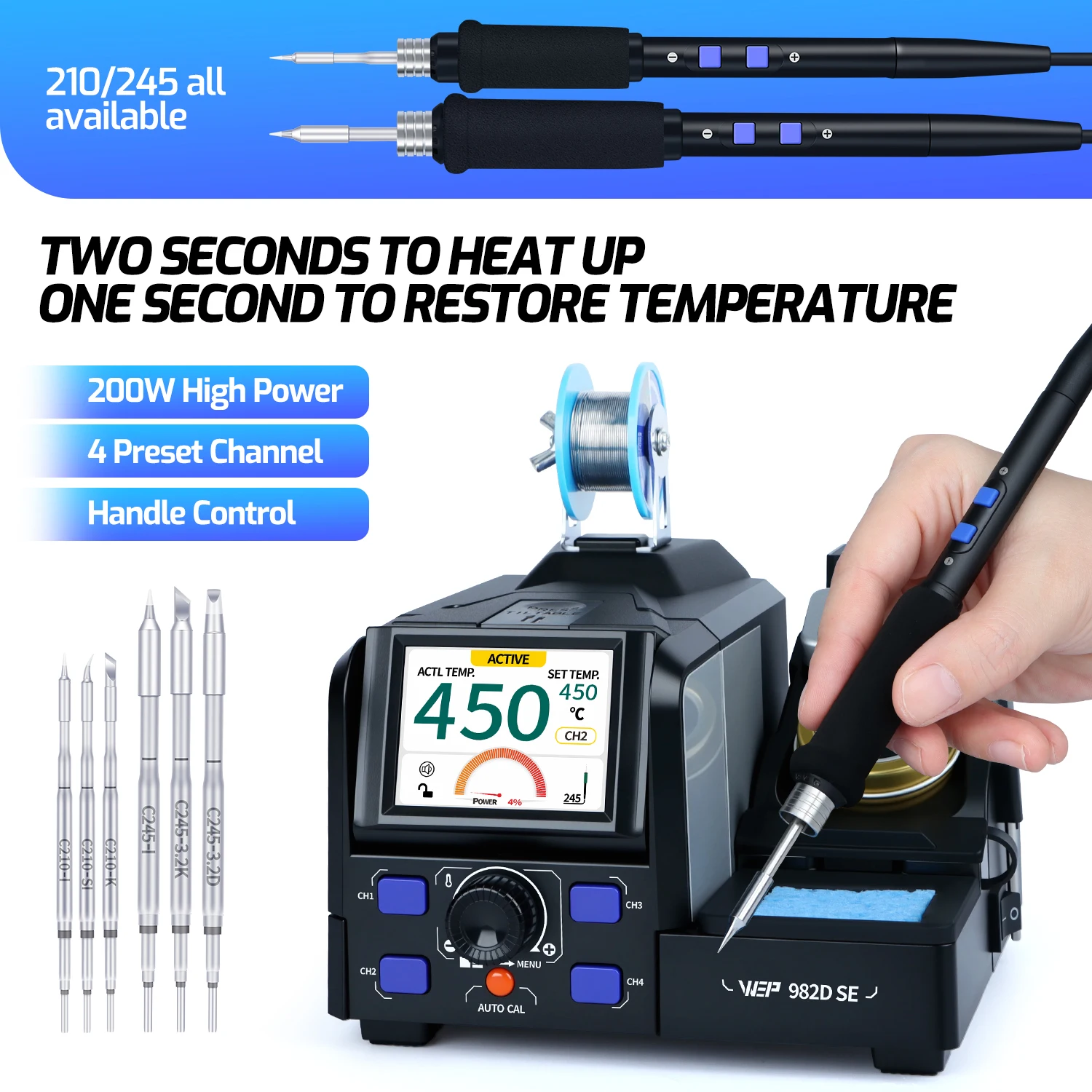 สถานีบัดกรีความแม่นยำ WEP 200W รุ่น C245 C210 ชุดหัวแร้งบัดกรีไฟฟ้าแบบทำความร้อนเร็ว พร้อมเครื่องมือดูดตะกั่วสำหรับโทรศัพท์ รุ่น 982D SE