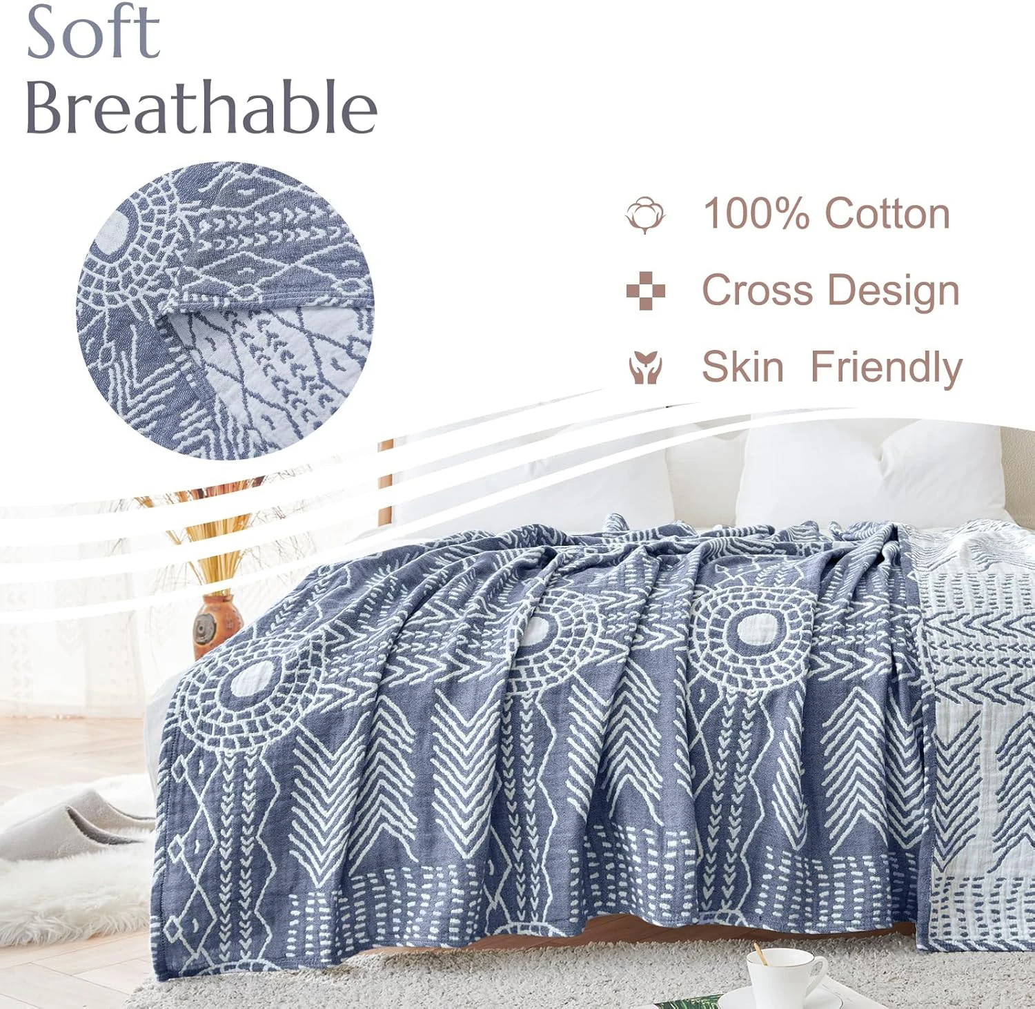 Boho 100% Cotton Muslin Throw Blanket 3-Layer Washable Reversible Sofa Towel Geometric Striped Patterned Soft Cozy Towel Blanket