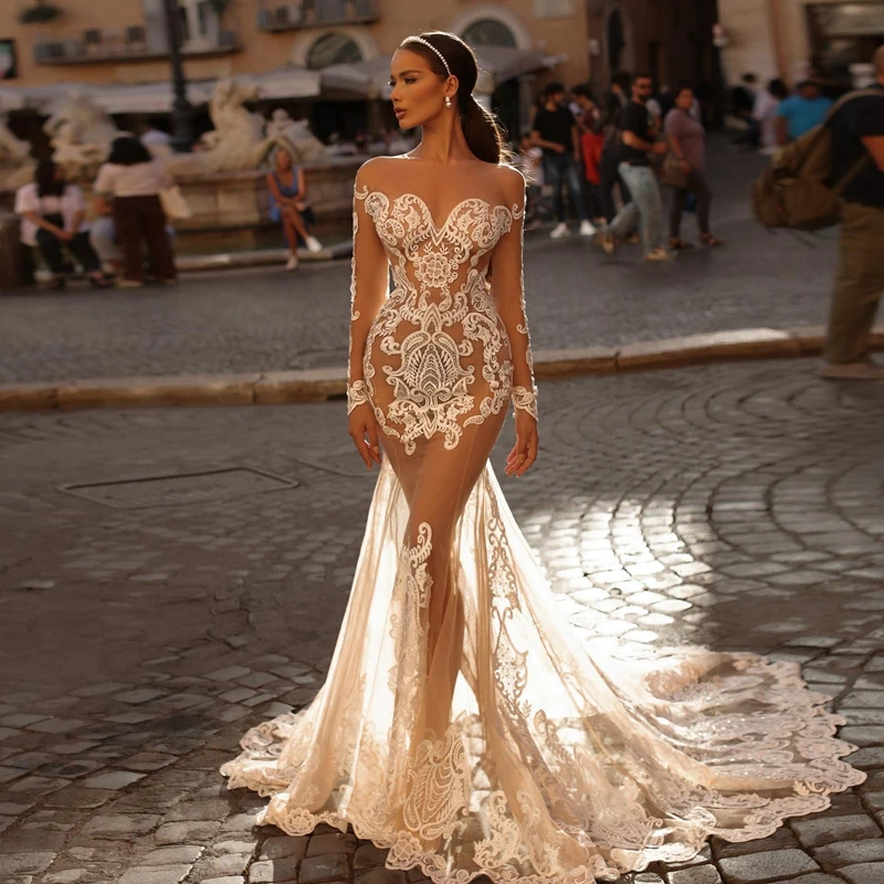 knee length dresses for ladies Rustic See Through Lace Wedding Dresses V neck Long Sleeve Mermaid Wedding  Dresses SEW007 main image 1