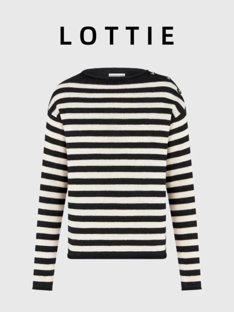 

Lottie Cusized Autumn Winter Navy Sle Long Sve Knitted Sweater Letter round Ne oulder Button Striped Women's Top