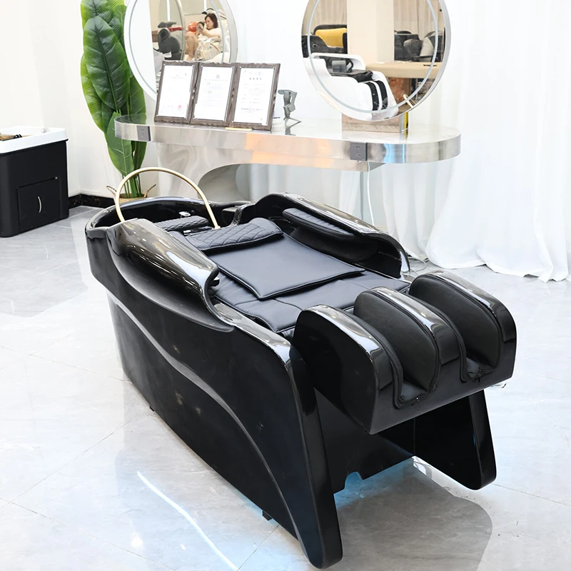 Hot Sale Barbershop Furniture Black Fiberglass Frame Electric Massage Shampoo Bed Modern Head Spa Washing Bed with Lights