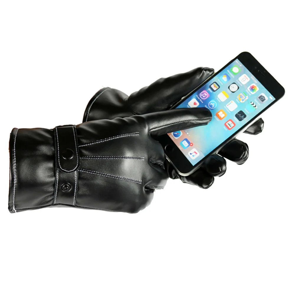 Winter Leather Gloves for Men, Touchscreen Snap Closure Cycling Black Gloves Outdoor Riding Warm Waterproof Gloves