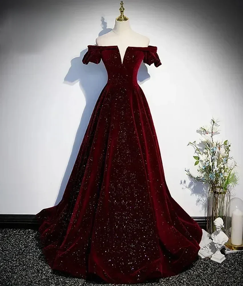 

Customized Graceful Velvet A-Line Off the Shoulder Crystal Evening Dress Temperament Boat Neck Floor Length prom dresses