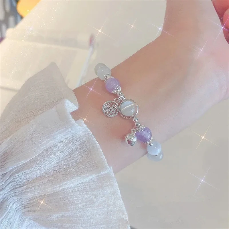 Fashion Beaded Bracelet Women Romance Cat Eye Stone Charm Bangle Imitation Moonstone Wrist Chain Jewelry For Girl Friends Gift