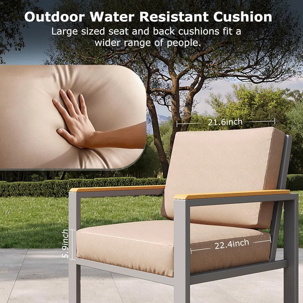 4-Piece Outdoor Patio Furniture Set, Metal Conversation Set with Cushions & Wood-Like Armrests, Modern Patio Sectional image 5