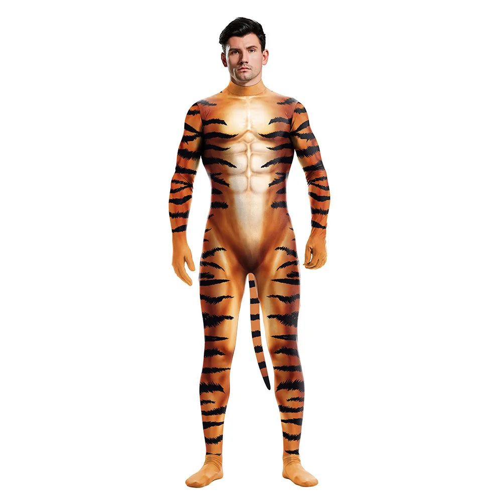 Tiger Leopard  Print Cosplay Costume Jumpsuit with Tail Carnival Wolf Party Bodysuit Clothes Animal Costume For Men