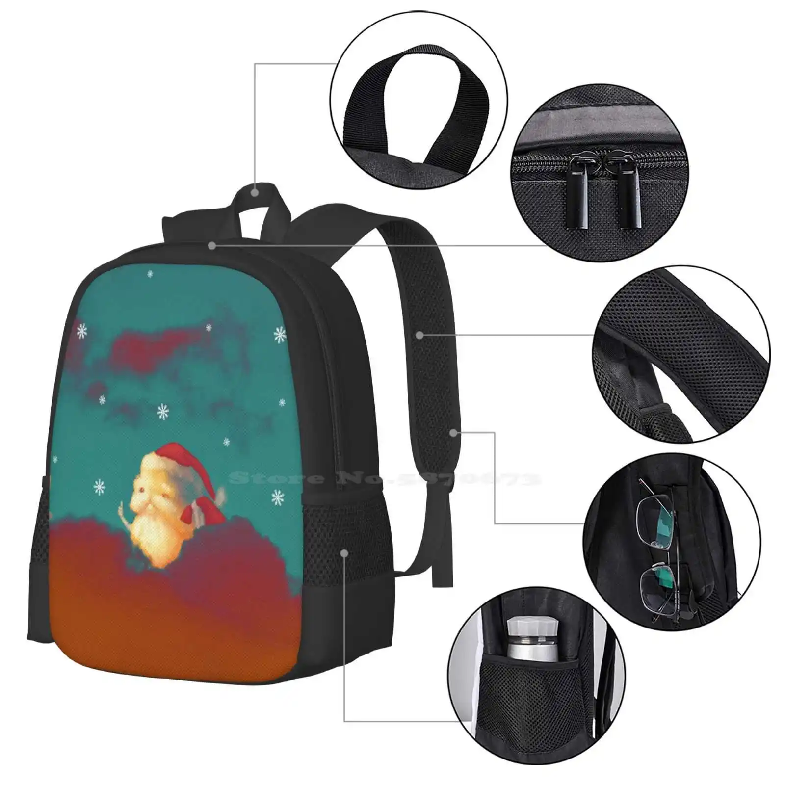 Santa Clouds Bag Backpack For Men Women Girls Teenage Clouds Cute Sky Christmas Holiday Santa Claus Snow