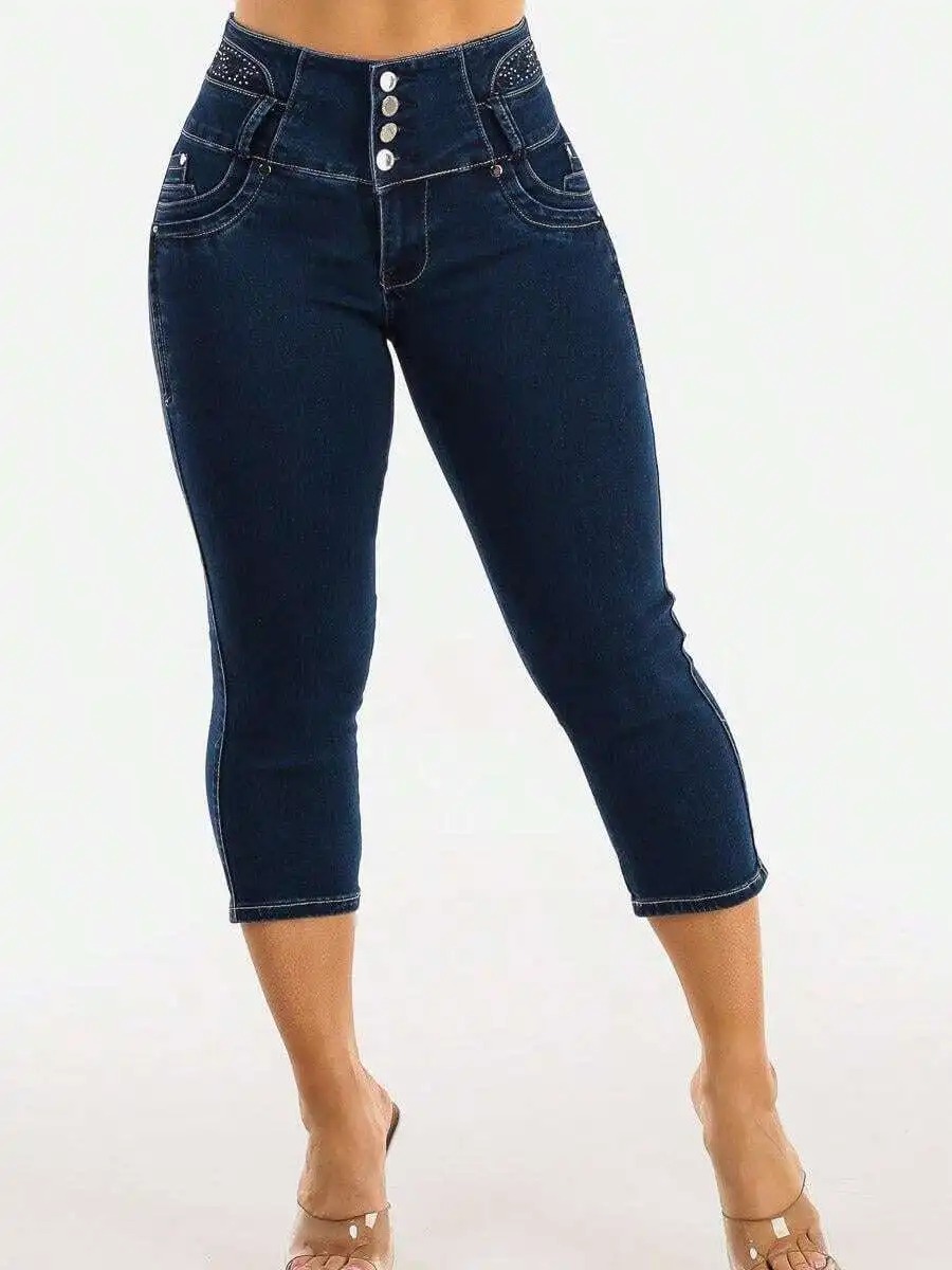 

High Waist Embroidered Stretch Denim Capris Dark Wash