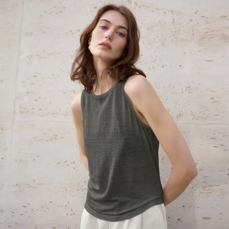 Damski cienki top na ramiączkach z dzianiny konopnej, jednolity kolor, letni, okrągły dekolt, bez rękawów, nowy, oddychający, biały.