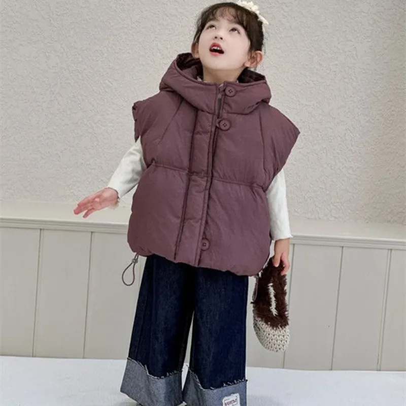 2025, Herbst-Winter-Kinder-Schwergewichts-Thermo-Weste mit Kapuze, lockere Passform, Oberbekleidung, stilvolle, mit Baumwolle gepolsterte Weste für Kinder