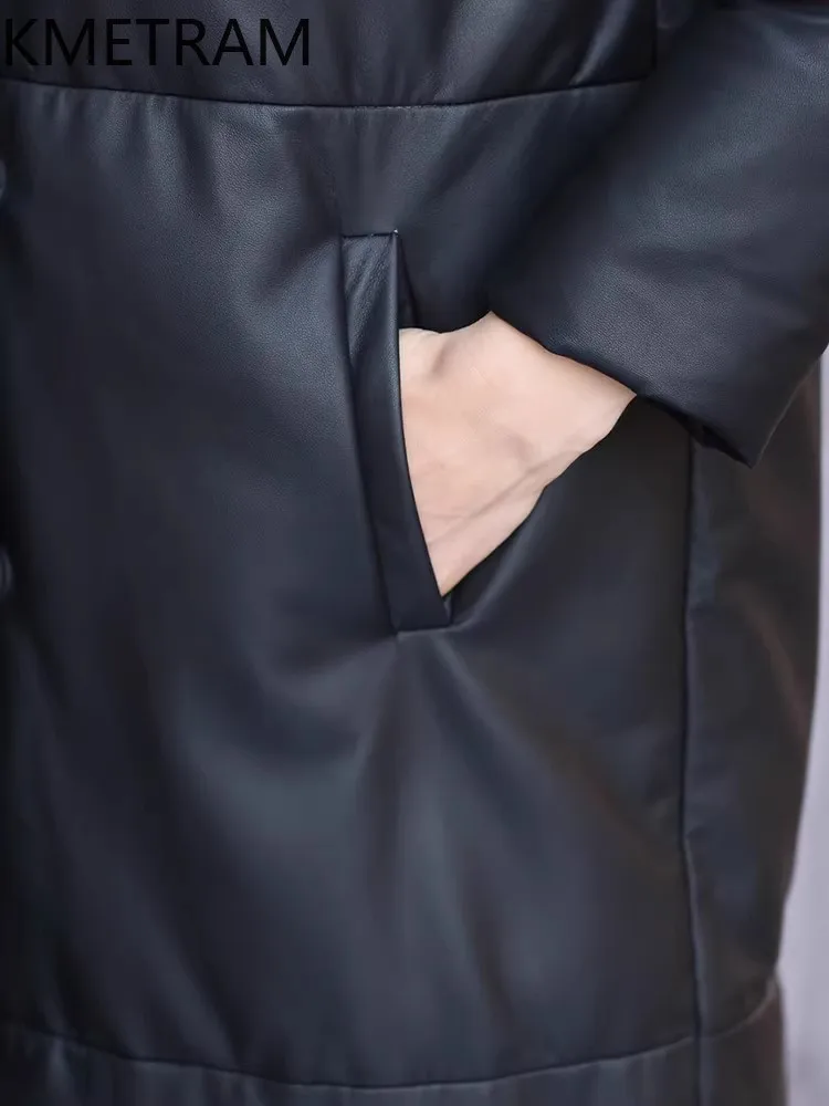 سترة KMETRAM من جلد الغنم الطبيعي الأصلي ملابس خارجية سوداء أنيقة لشتاء 2025 ملابس علوية طويلة للسيدات ملابس نسائية #4