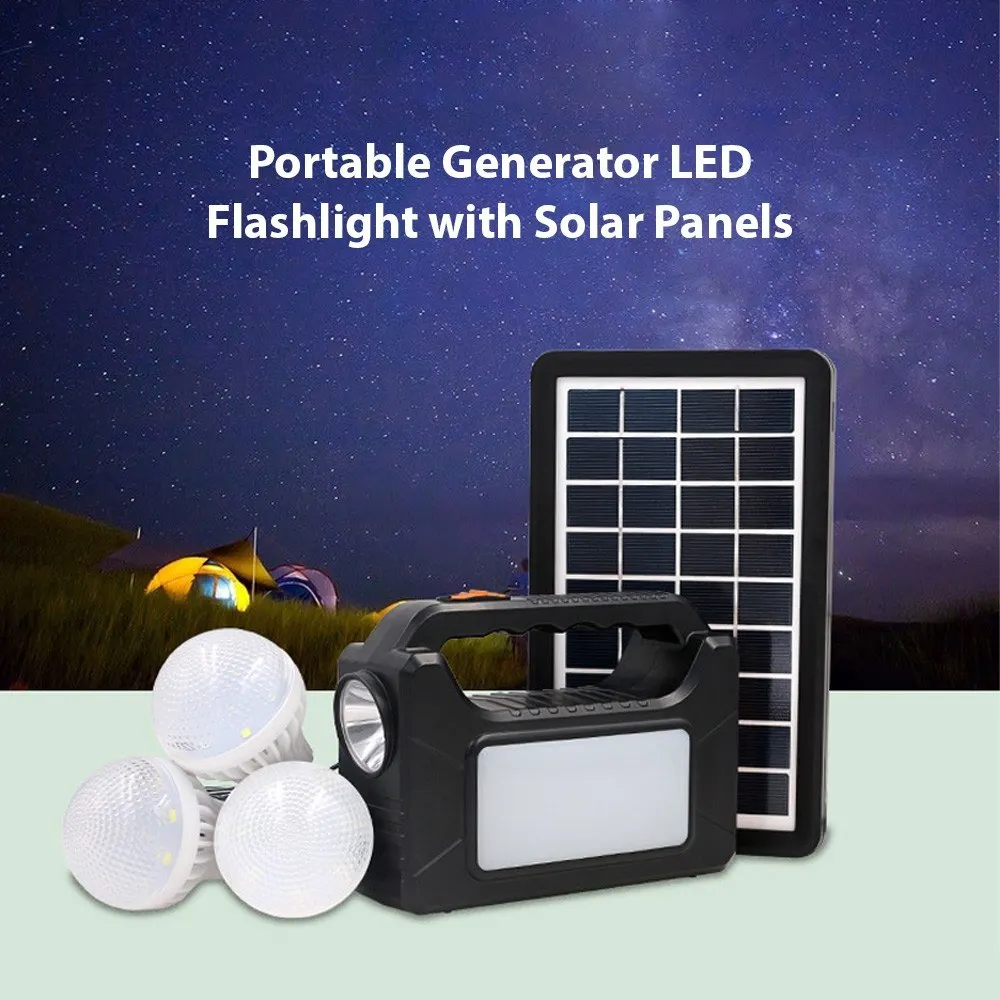 LED Flashlight Portable Generator with Solar Panels Handheld LED Lighting Energy Saving Solar Light with 3 External Light Bulbs