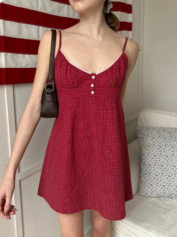 Mini robe camisole en dentelle à carreaux rouges pour femme, tenue d'été à trois boutons, taille élastique, ligne a, courte, en coton, Vintage, douce