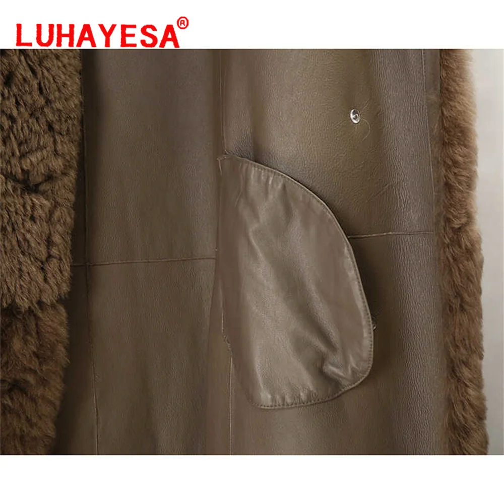 2024 Mosna Lamb Fur Shearling Clothes Women Long Brown Winter Real Fur Overcoat